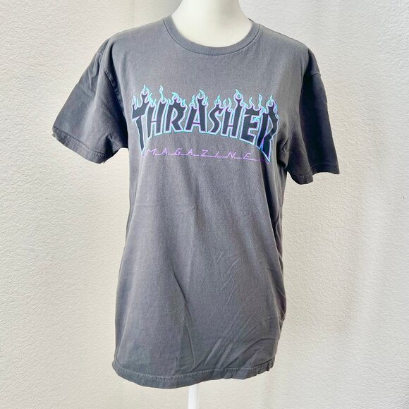 Thrasher Magazine Gray Blue Purple Flame Logo Unisex Short Sleeve Tee Size Small - Picture 1 of 5